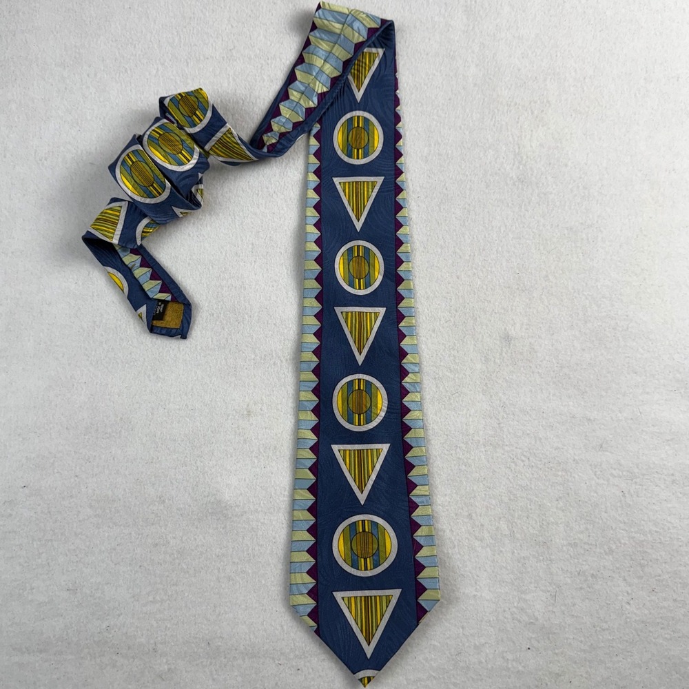 Format Japan Mens Silk Tie Blue Yellow Geometric Triangle Abstract 90s Retro
